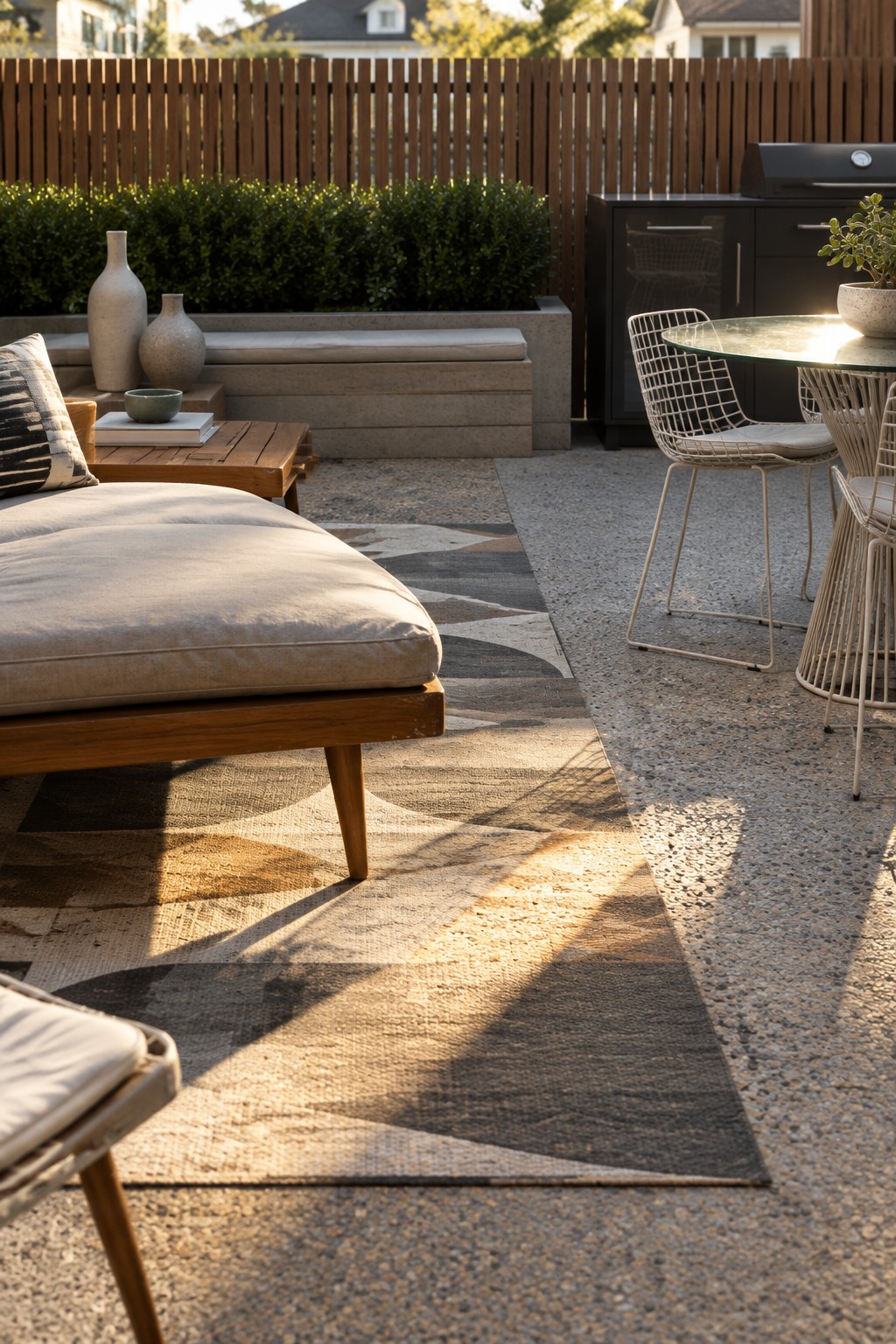 Modern patio with beige chaise lounge on geometric rug, wire chairs, and sunlight.