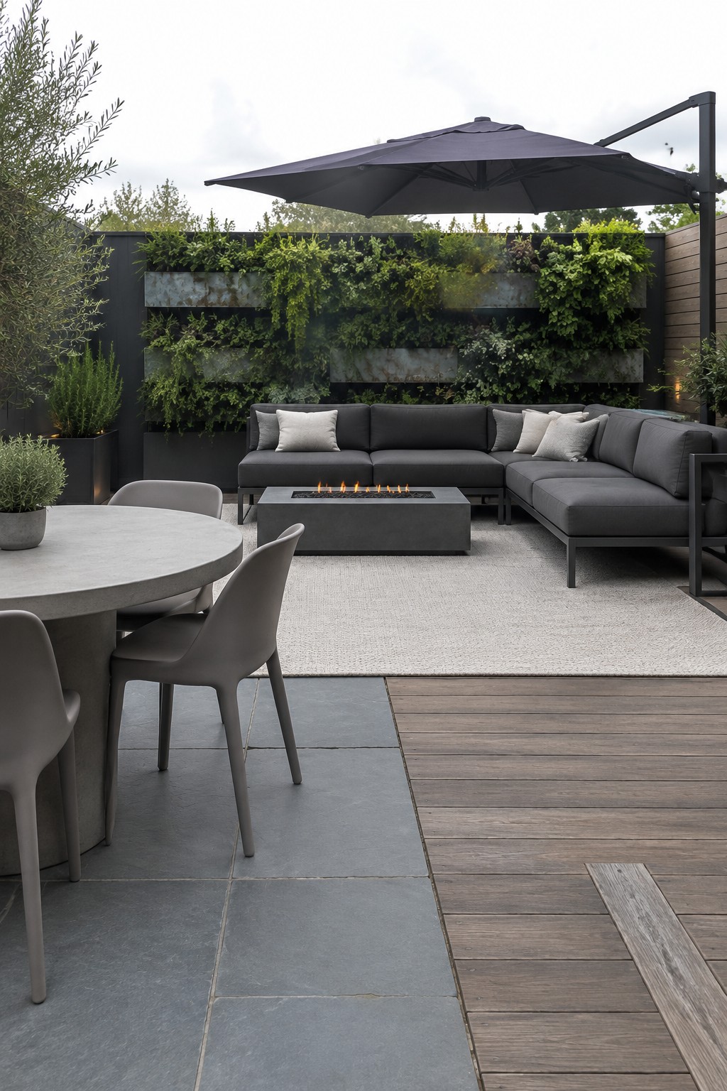 Outdoor patio with a large light rug under a dark sectional sofa and fire pit, round concrete dining table nearby on stone tiles, wooden deck section, and living wall in the background.
