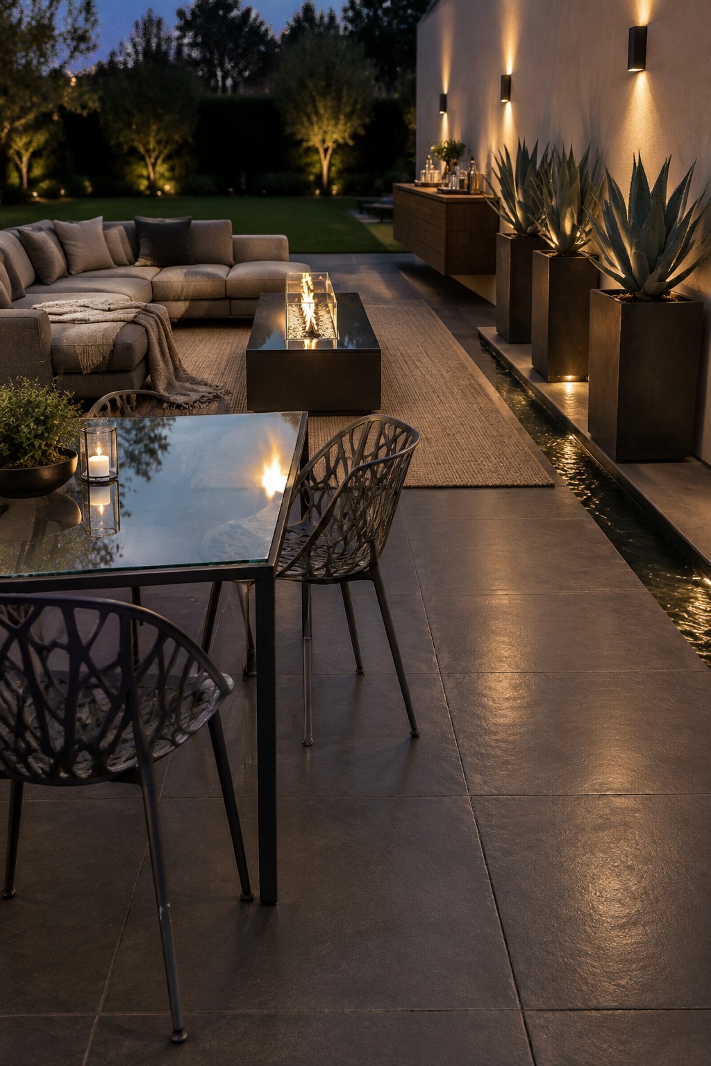 Modern patio with glass dining table, fire pit, sectional sofa, and potted agaves at dusk.