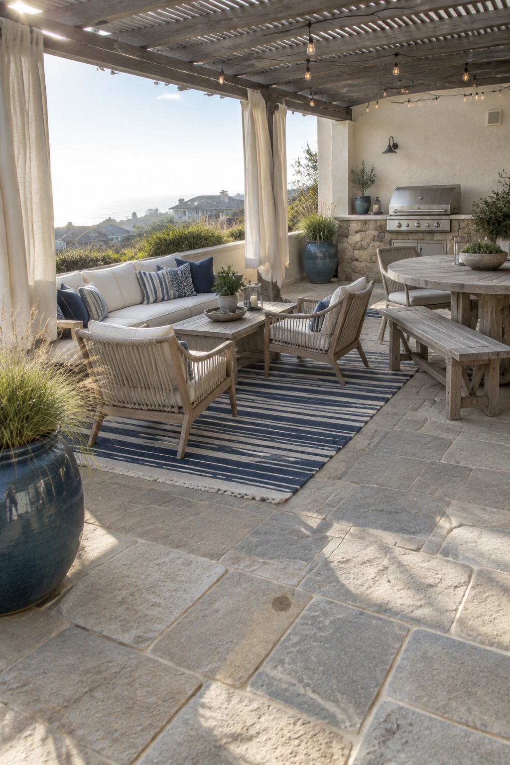 Luxurious stone patio with blue striped rug, wooden sofa, chairs, and ocean view