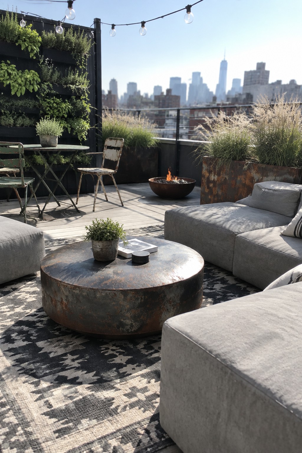 Rooftop patio with gray sectional sofa, rusty round table, lit fire pit, city skyline.