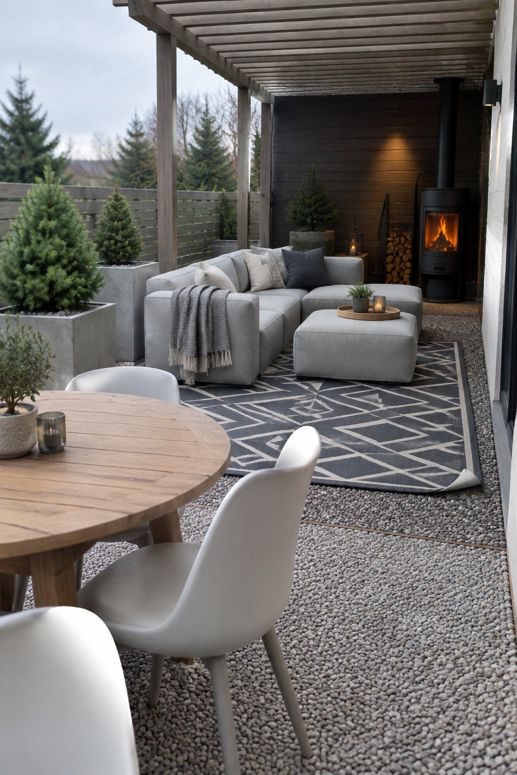 Modern patio with gray sectional sofa, geometric rug, dining table and lit stove