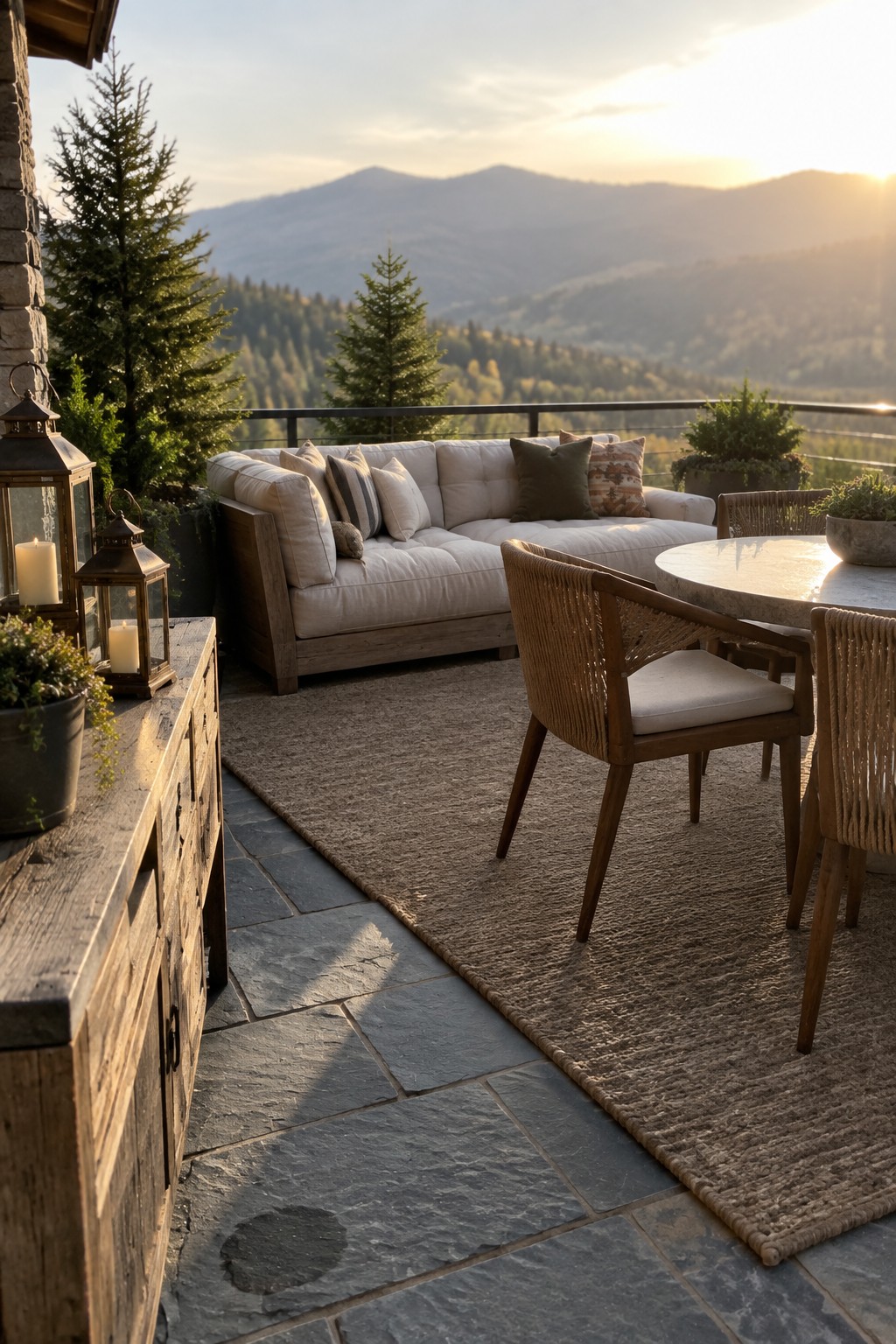 An outdoor patio with a large woven rug under a white sofa and wooden dining chairs around a round table, set on stone pavers with a mountain view.