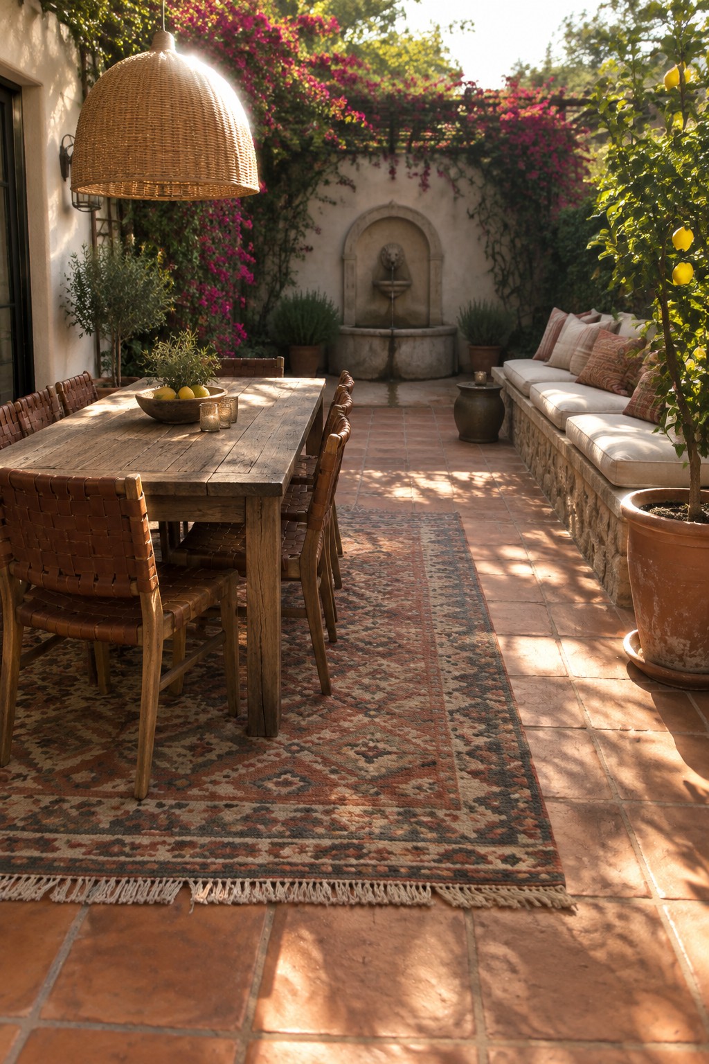 A long wooden dining table with woven leather chairs sits on a large patterned rug over terracotta tiles, with a stone fountain and built-in cushioned bench visible in the background.