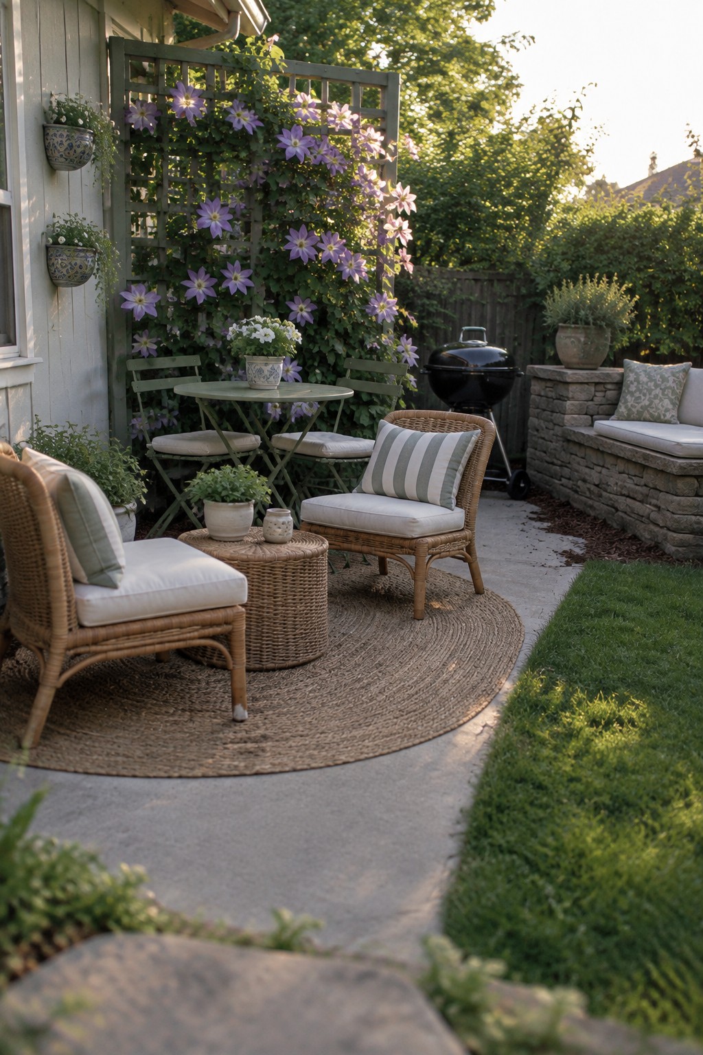 A patio seating area with two wicker chairs and a round woven rug placed on concrete next to a lawn and path.
