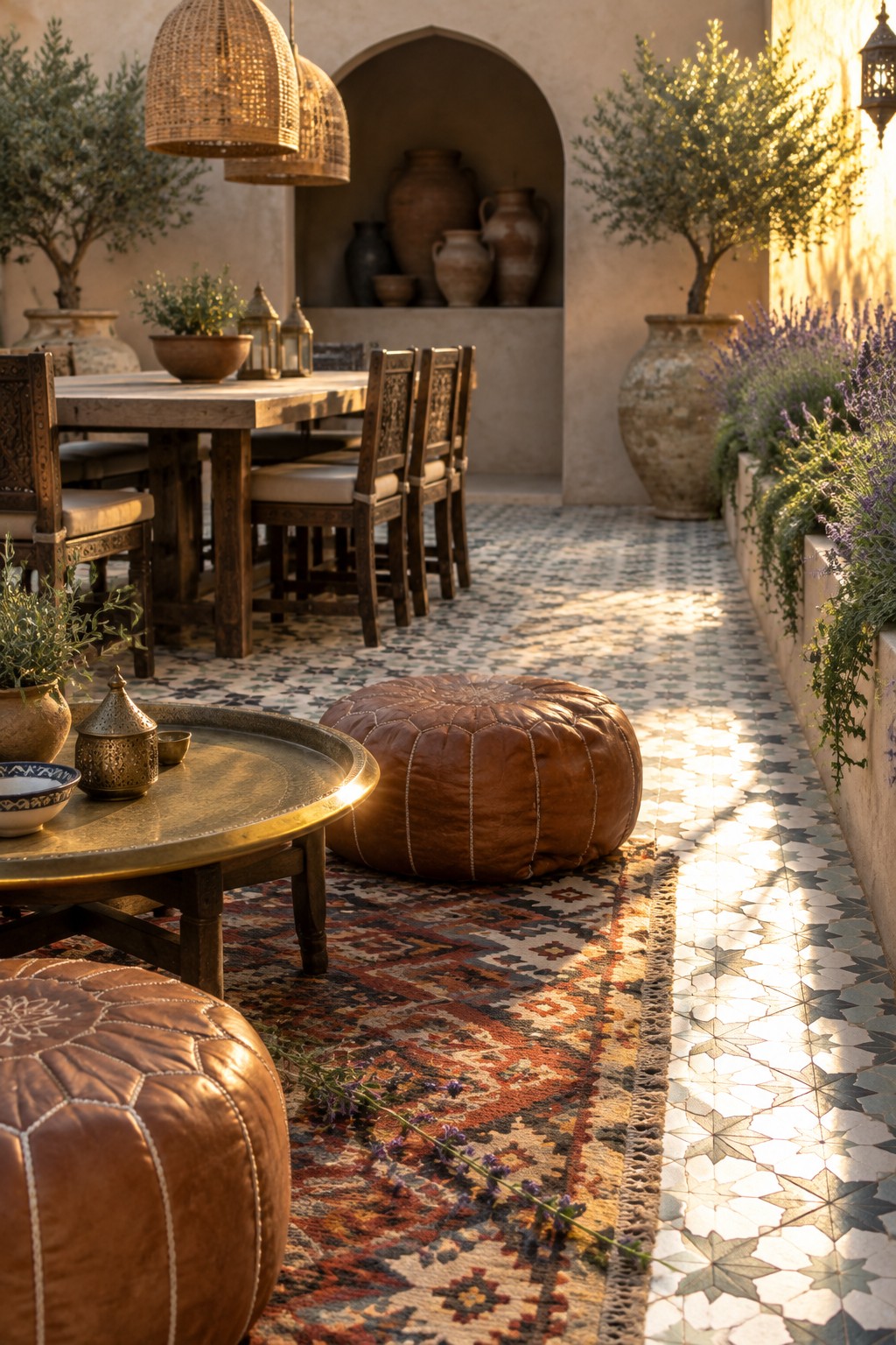 Outdoor patio with a wooden dining table, leather poufs on layered patterned rugs, potted trees, and patterned tile flooring in warm sunlight.