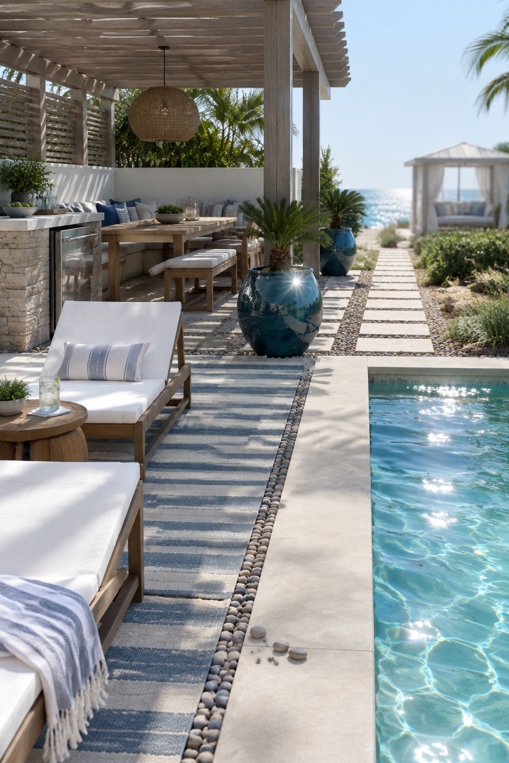 A patio scene showing two wooden lounge chairs with white cushions and blue striped rugs placed beside a swimming pool, with a stone path running parallel to the water.