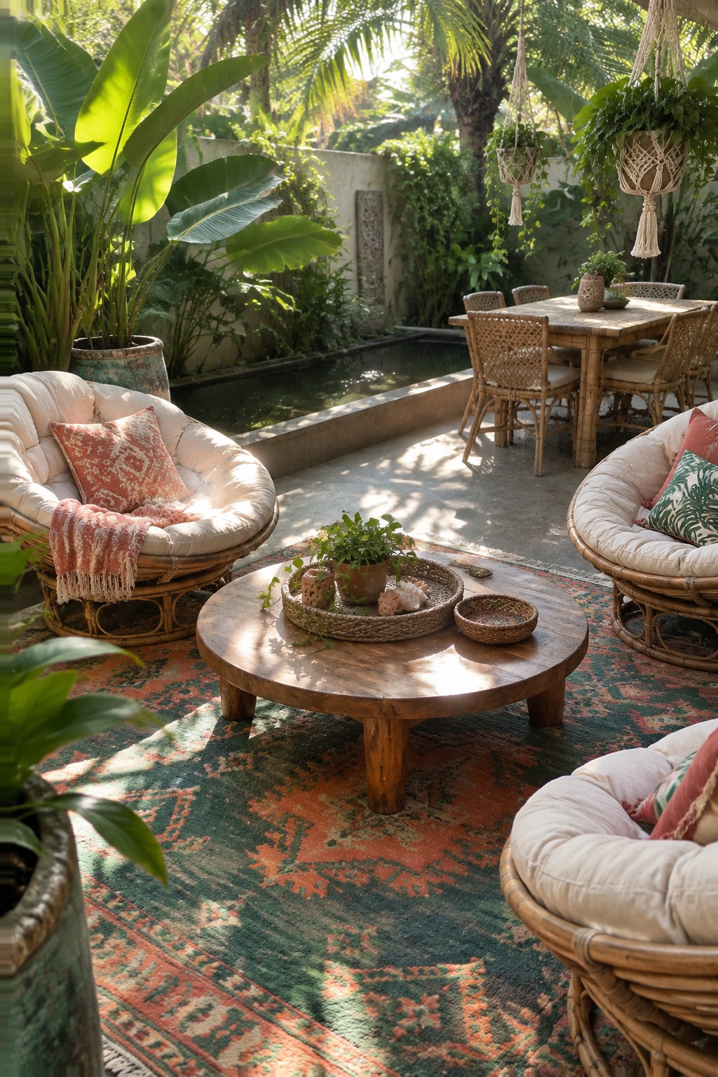 Outdoor patio showing two cushioned rattan chairs and a round wooden coffee table centered on a large red and green patterned rug, with a dining table and chairs nearby amid potted plants and tropical greenery.