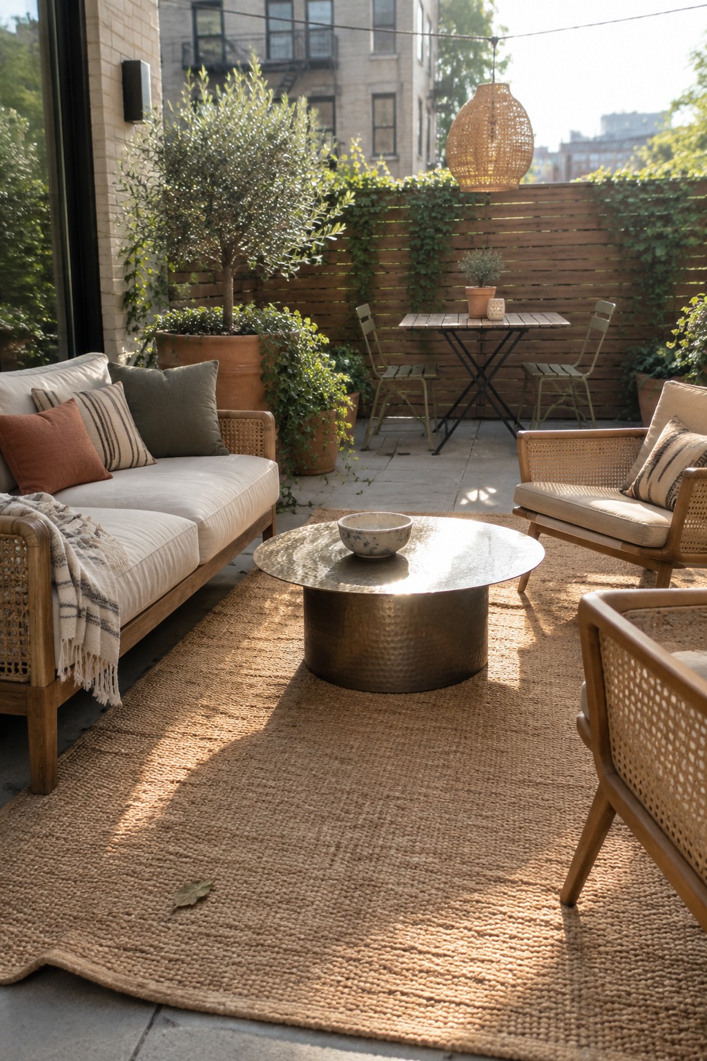 Sunlit patio with jute rug, round hammered table, white sofa and rattan chairs