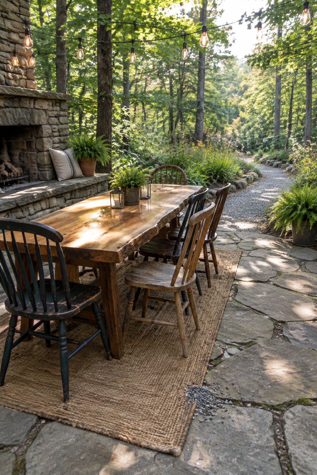 Rustic wooden table with mismatched chairs on burlap rug beside stone fireplace in forest
