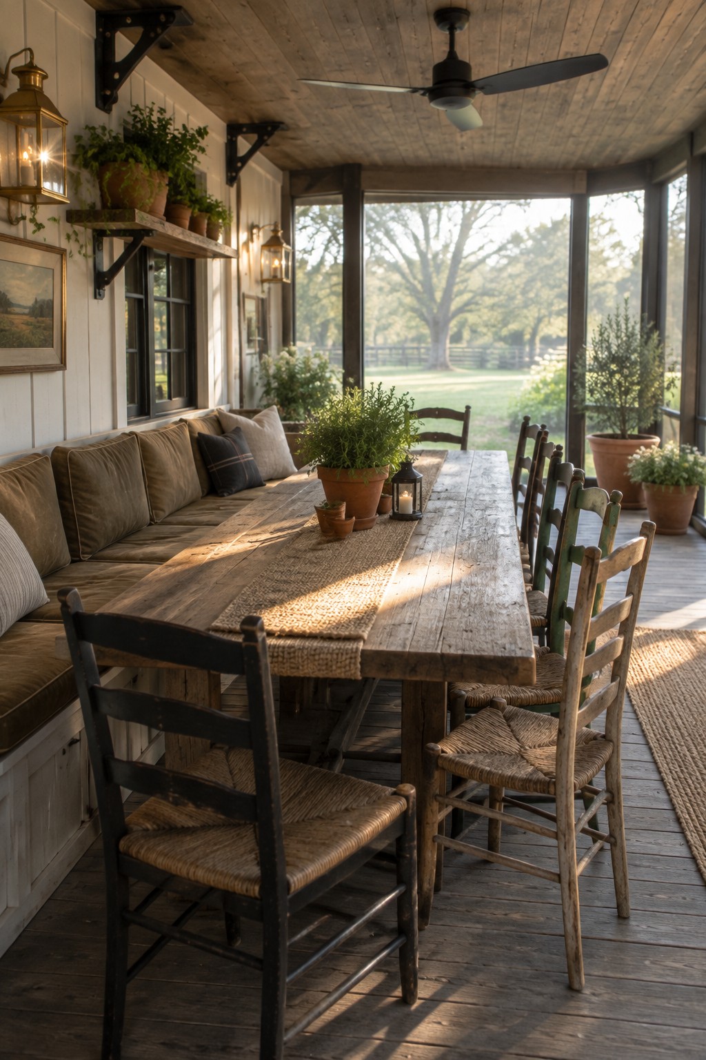 A long rustic wooden table with a burlap runner sits on a screened porch, surrounded by mixed wooden chairs and built-in cushioned bench seating, with potted plants along the walls and large windows overlooking a grassy yard.