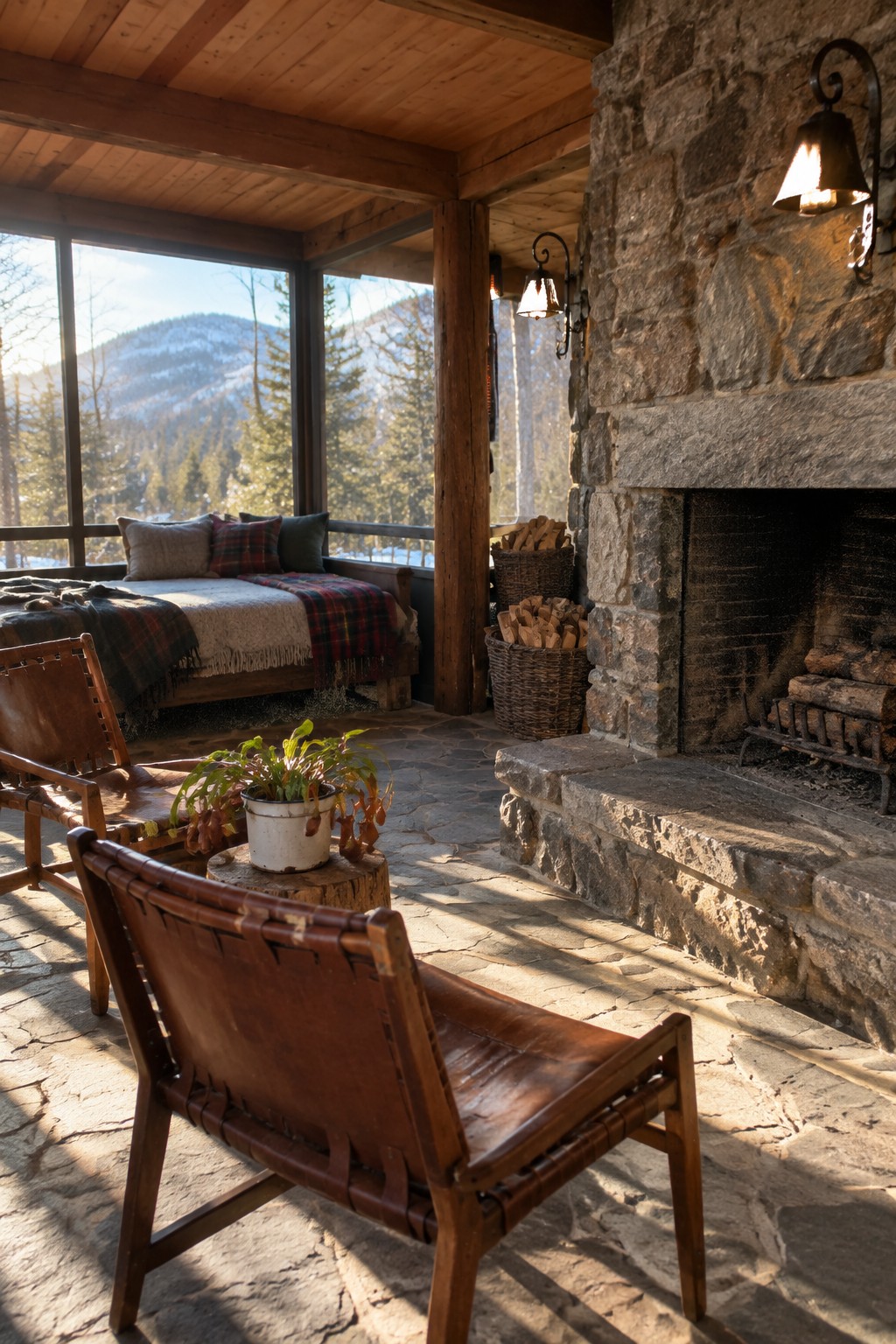 A screened-in porch featuring a large stone fireplace, two brown leather armchairs, a daybed with plaid blankets, and large windows showing mountain views.