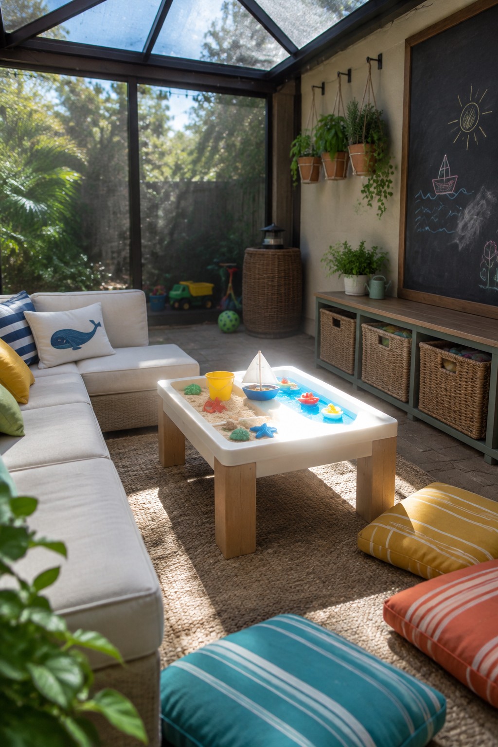 A screened patio with a white activity table holding sand, water, and toys, surrounded by a beige sectional sofa and striped floor cushions on a woven rug.
