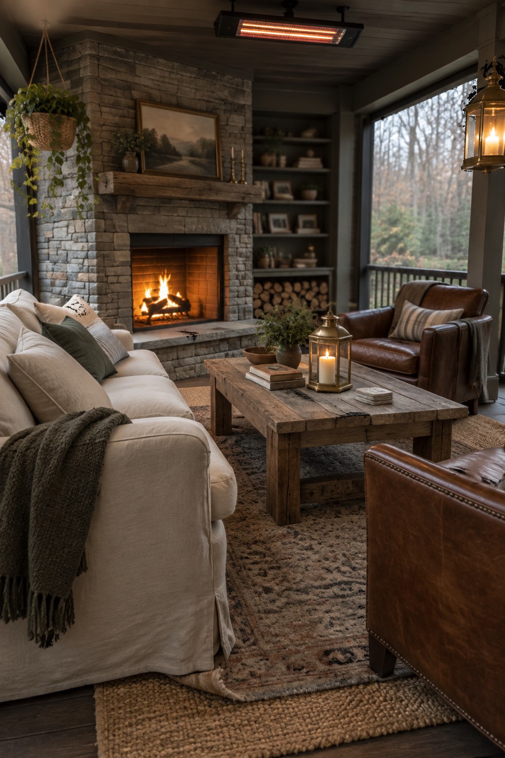 A screened-in patio featuring a stone fireplace with a burning fire, a beige sofa with pillows, a rustic wooden coffee table, and brown leather armchairs on layered rugs.