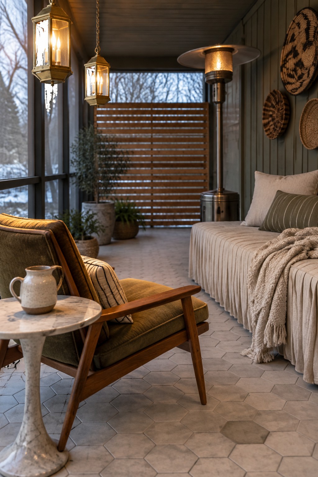A screened porch featuring a tall patio heater beside a daybed with beige textiles, an olive green armchair, hanging lanterns, and woven baskets on the wall.