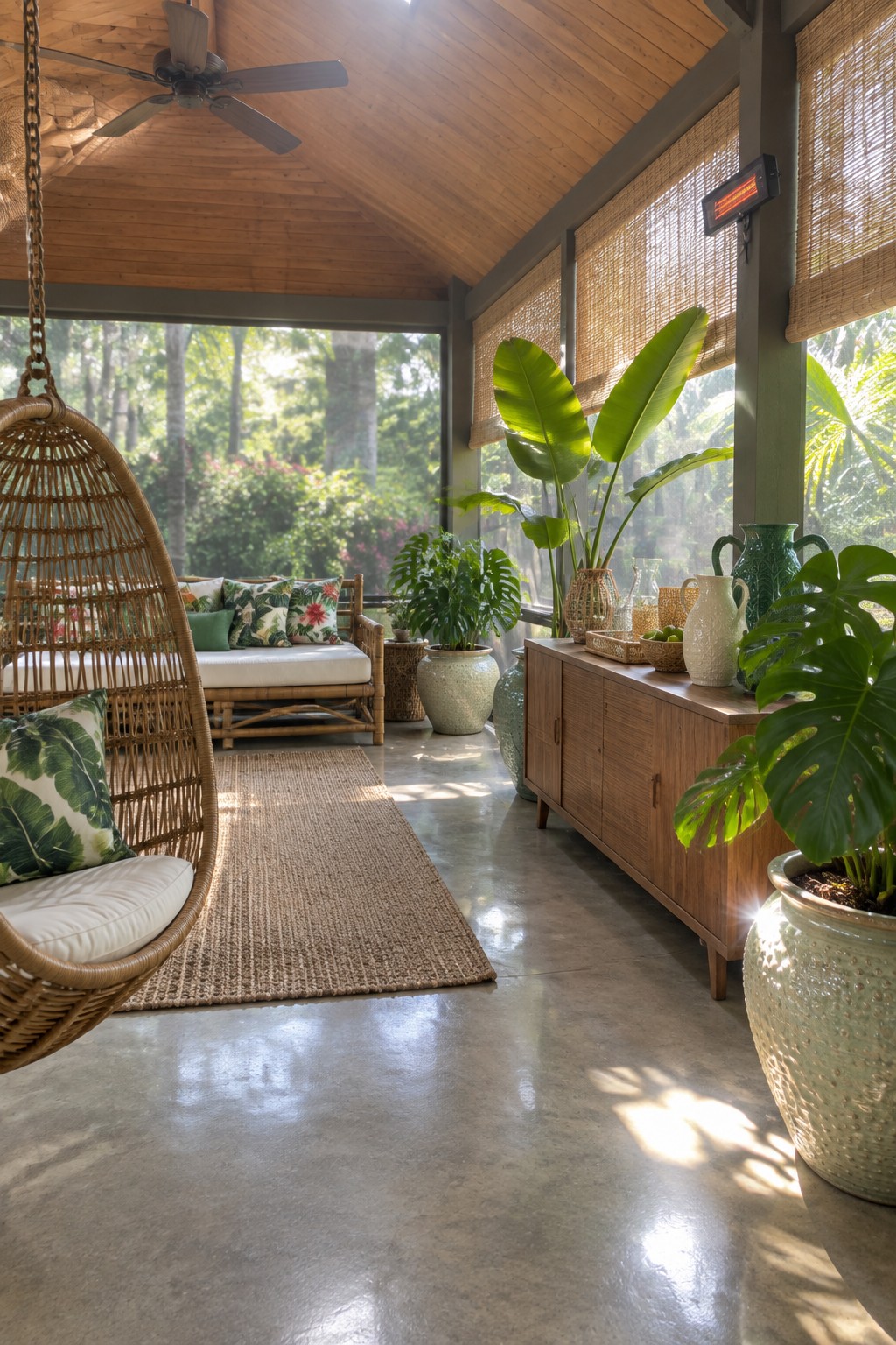 Hanging rattan chair and wooden cabinet in sunlit tropical sunroom with plants.