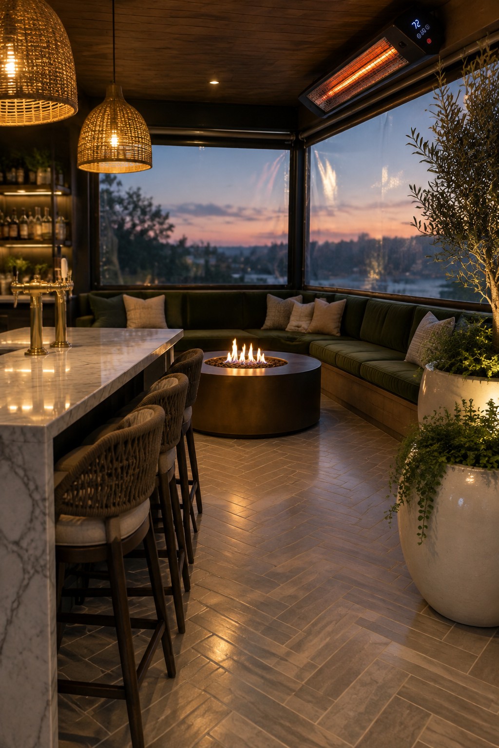 A screened patio interior with a round central fire pit, curved green sectional seating, a marble bar with woven barstools, large windows, potted plants, and an infrared heater mounted overhead.