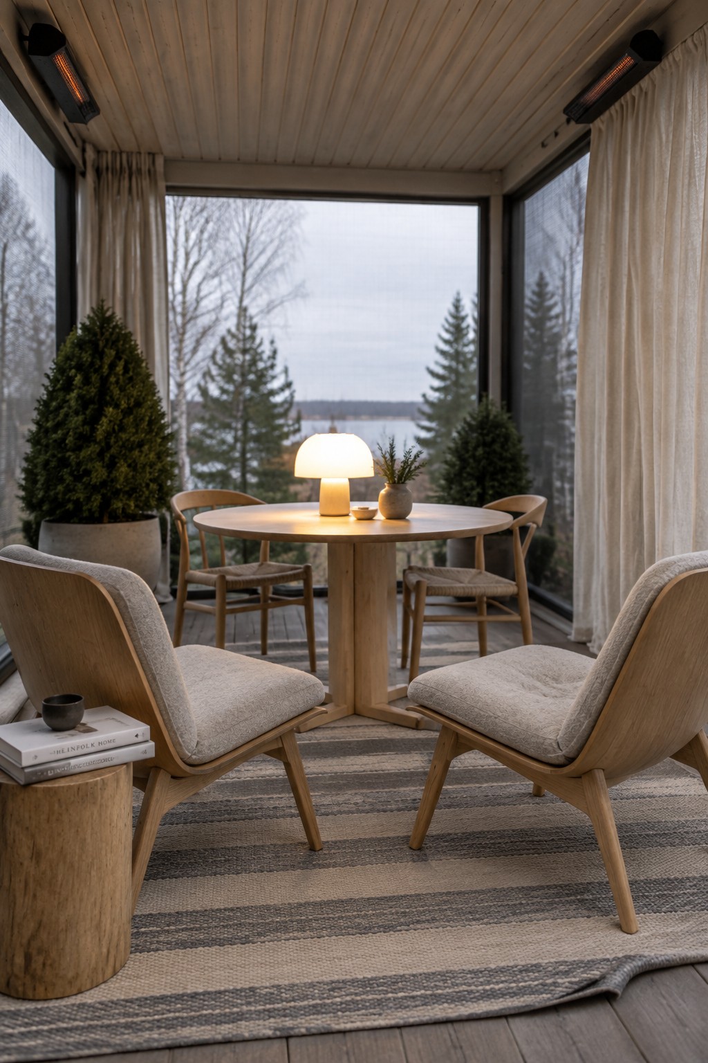 Cozy sunroom with round wooden table, glowing lamp, chairs on striped rug overlooking lake