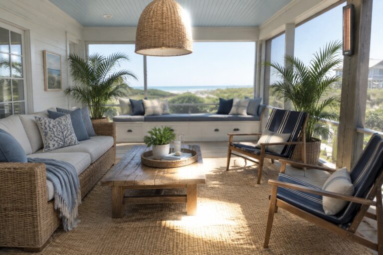 20 Charming Screened-In Patio Decorating Ideas for Year-Round Outdoor Comfort A screened porch with wicker sofa, wooden coffee table on a large woven rug, striped chairs, and potted palms overlooking the ocean.