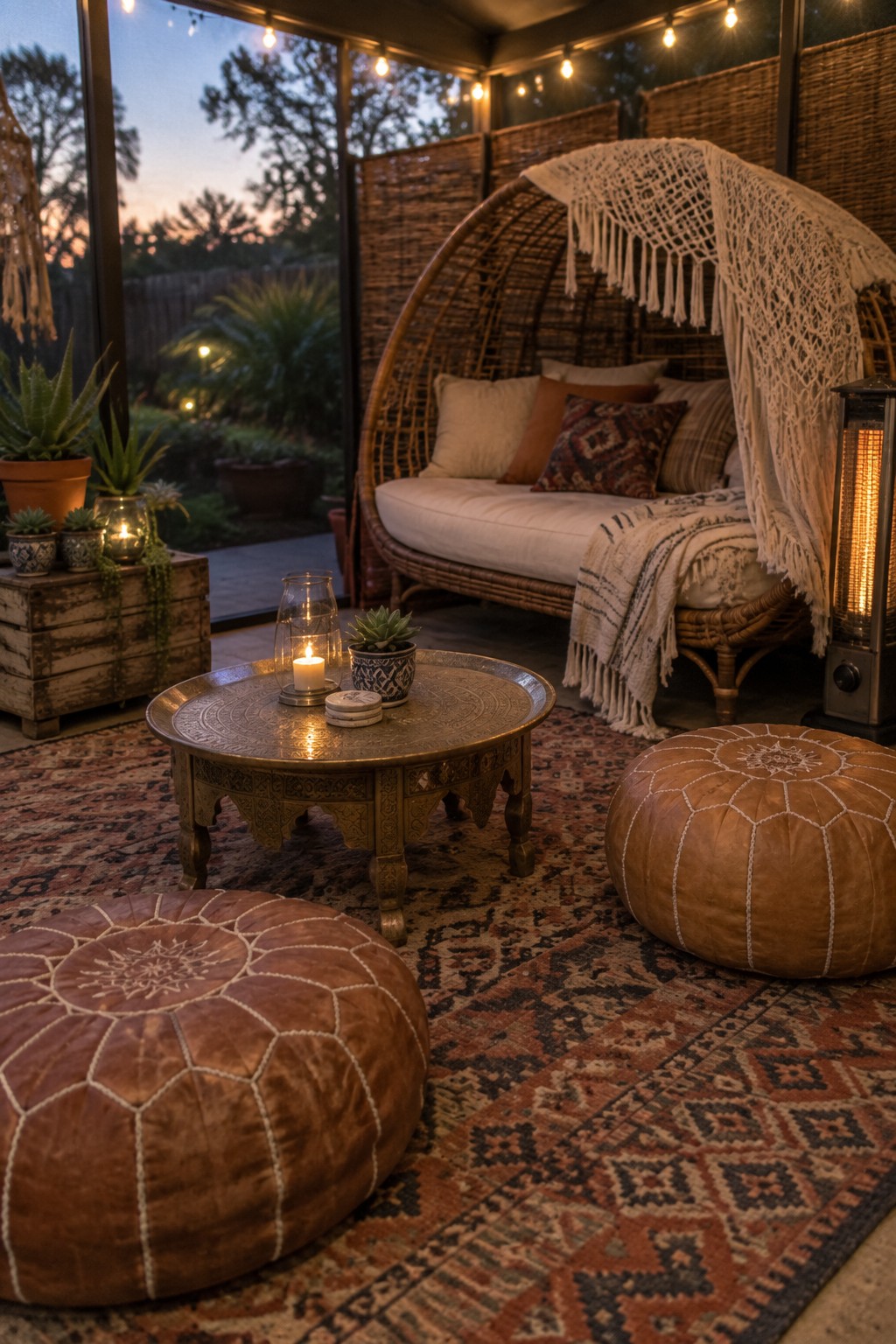 A screened patio at dusk with a large patterned rug, two brown leather poufs, a brass coffee table, a wicker daybed with canopy, string lights, and potted plants.
