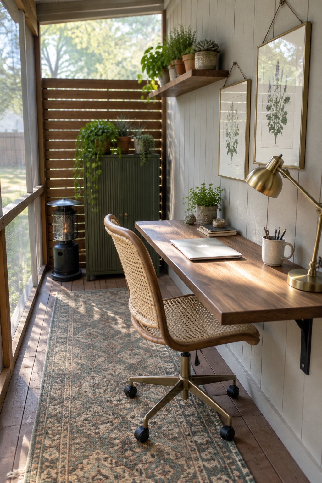 A screened porch with a wooden wall-mounted desk holding a laptop and brass lamp, a woven swivel chair on a patterned rug, and potted plants along the wall.