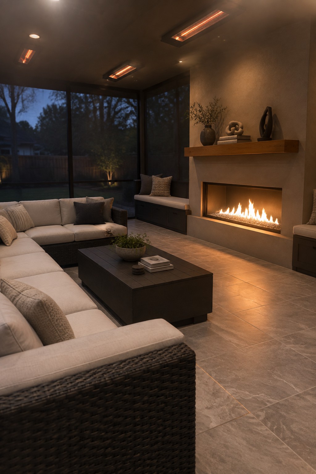 Modern patio with beige sectional sofa, dark coffee table, stone fireplace and heaters