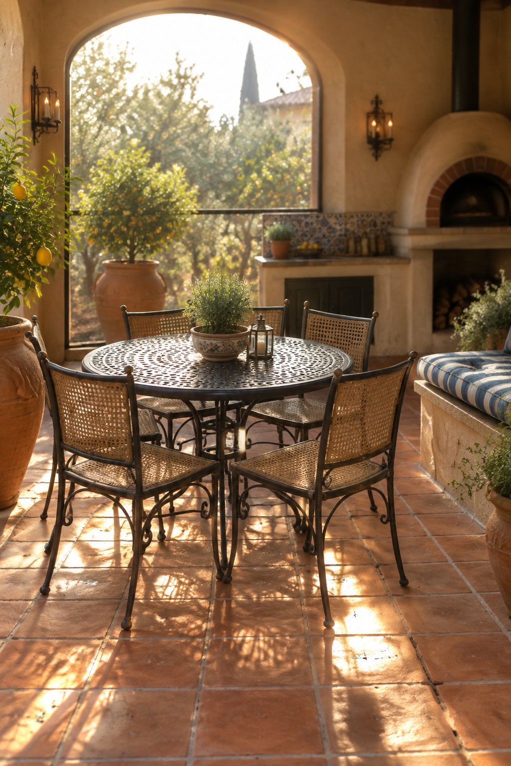 Round metal patio table with four cane chairs on terracotta tiles, positioned near a built-in brick oven in a covered outdoor space.