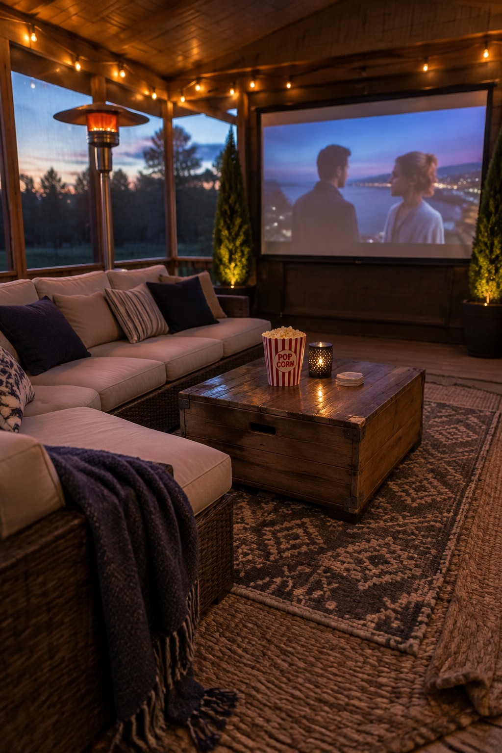 Cozy patio with sectional sofa, popcorn on wooden table, and projector screen at dusk