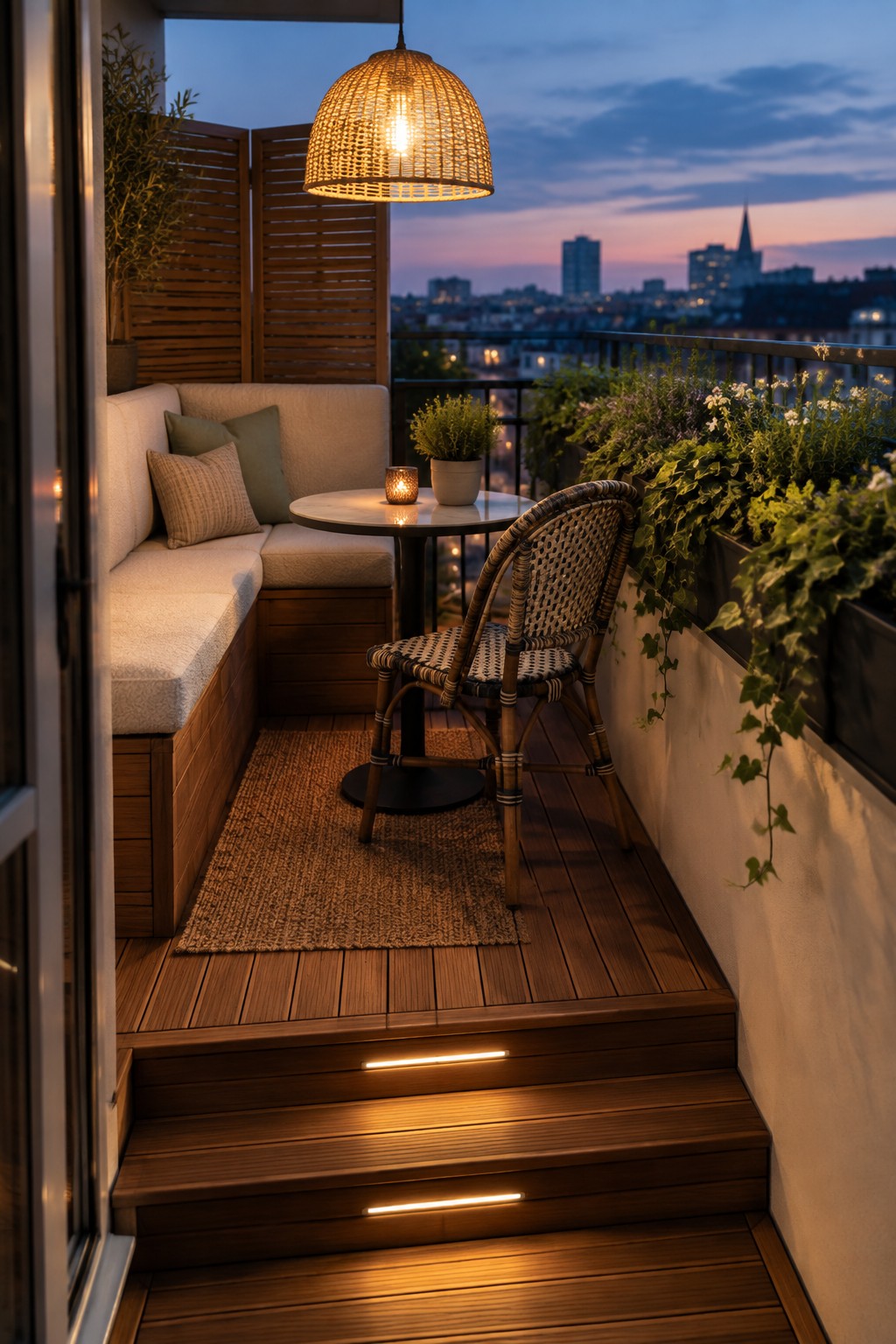 A wooden deck balcony at dusk with a cushioned corner bench, round table, wicker chair, overhead woven pendant light, and three steps with embedded linear lights leading up to the seating area.