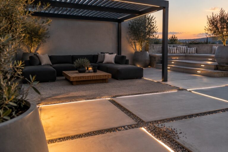 18 Clever Patio Lighting Ideas Using Layered Path, Step, and Seating-Area Illumination Modern outdoor patio at dusk with dark sectional sofa under pergola, wooden coffee table, built-in bench seating, stone steps with recessed lights, and linear pathway lighting set in gravel.