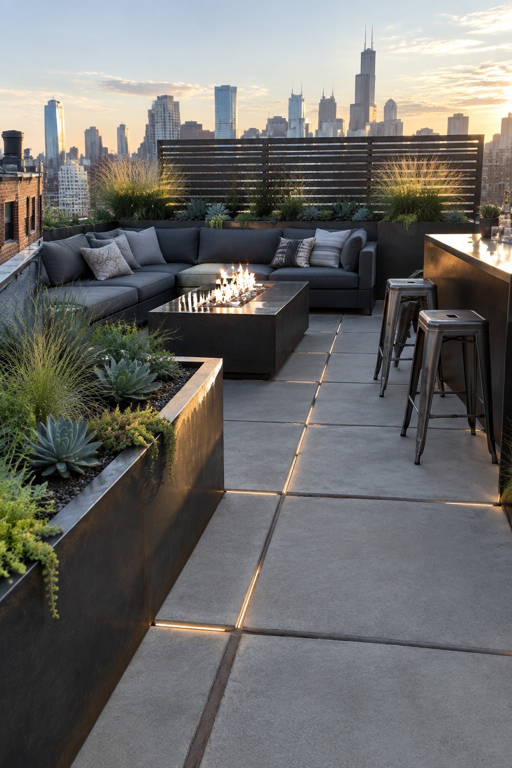 Rooftop patio with gray sectional seating around a square fire pit, metal stools beside a counter, and glowing linear lights set into the joints of large concrete pavers overlooking a city skyline at dusk.