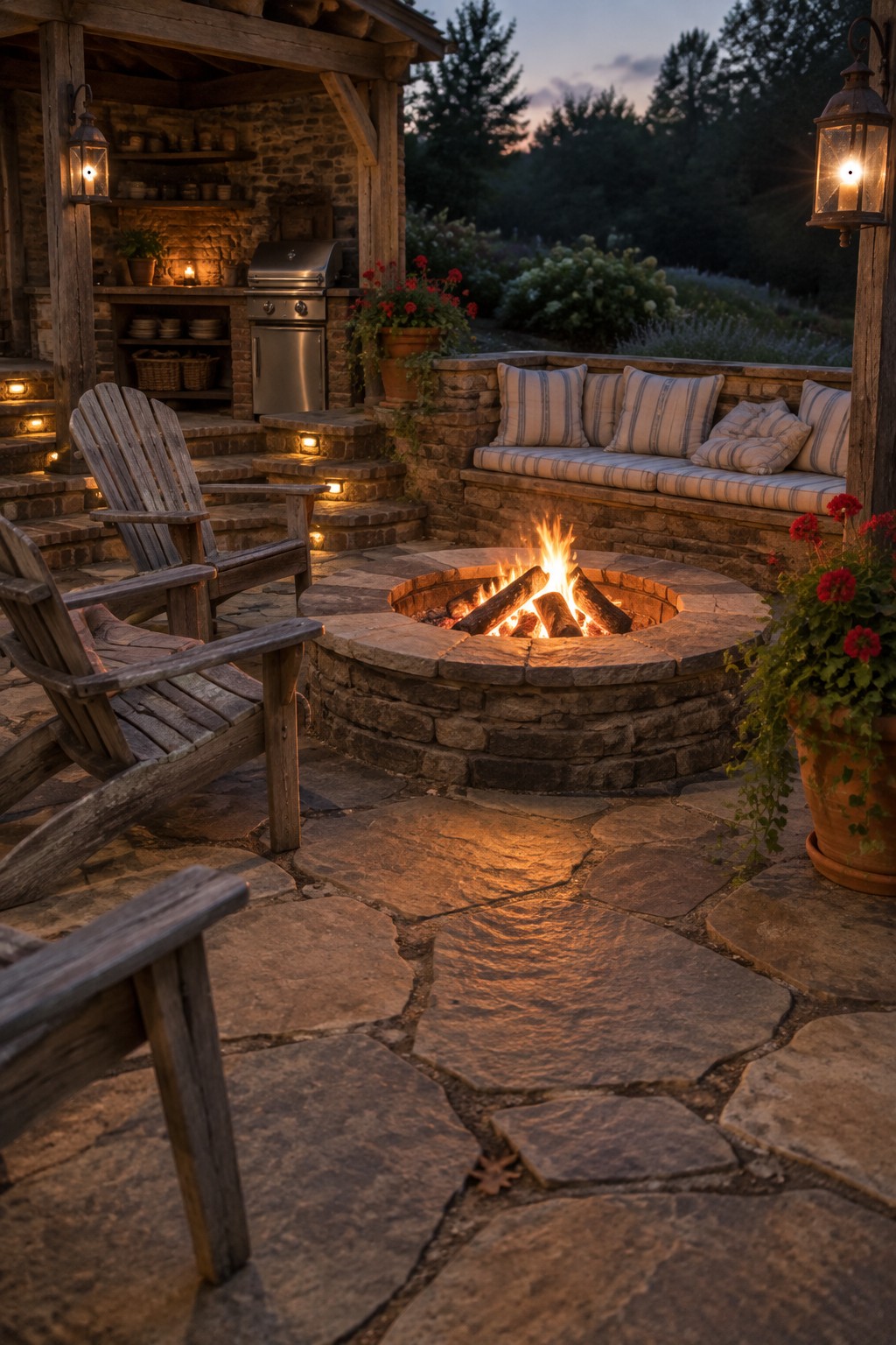 A dusk view of a stone patio centered on a round fire pit, with wooden Adirondack chairs, built-in cushioned seating along a stone wall, glowing lanterns on posts, and potted flowers nearby.