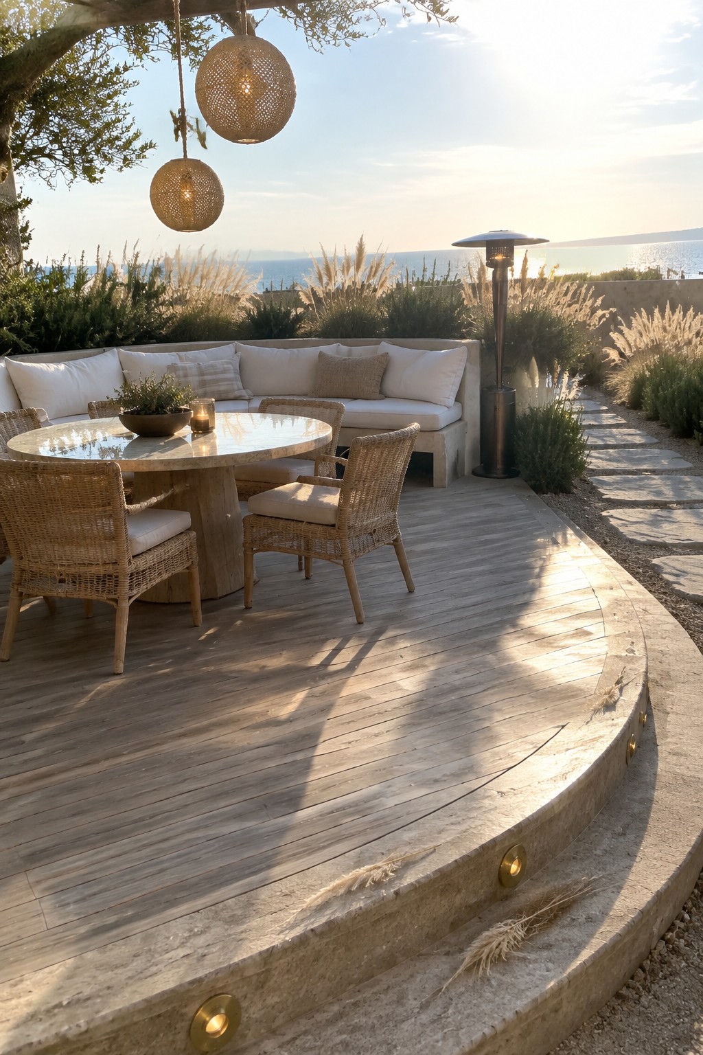 Curved wooden deck with marble table, wicker chairs, and ocean view at sunset