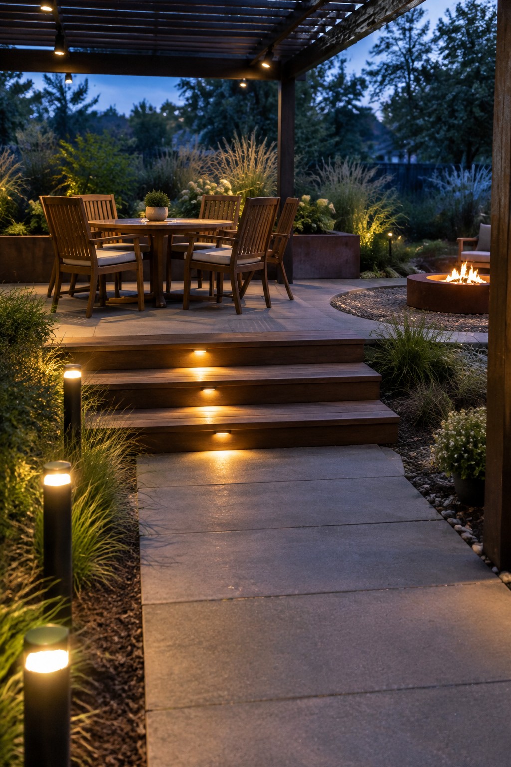 A backyard patio at dusk with a wooden dining table under a slatted pergola, illuminated steps leading up to the deck, low path lights along a stone walkway, and a fire pit in the background.