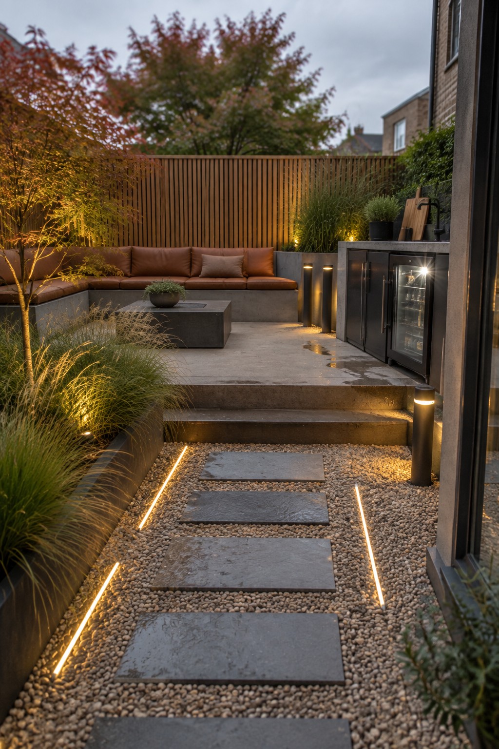 Modern patio at dusk with brown sofa, outdoor kitchen, fire pit, and lit stone path