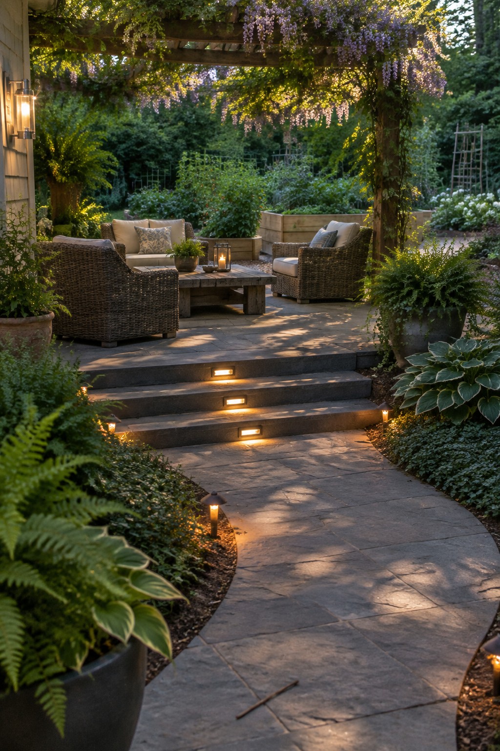 A stone patio with a wooden pergola overhead, wicker seating, inset step lights on the stairs, and small path lights lining a curved walkway at dusk.