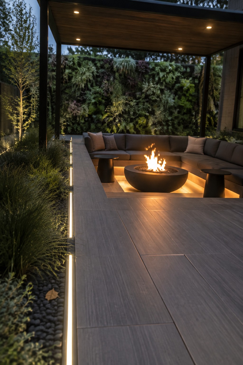 An outdoor patio at dusk shows a curved sectional sofa arranged around a fire pit on a wooden deck, with linear lights running along the adjacent path and steps next to a planted bed and living wall.