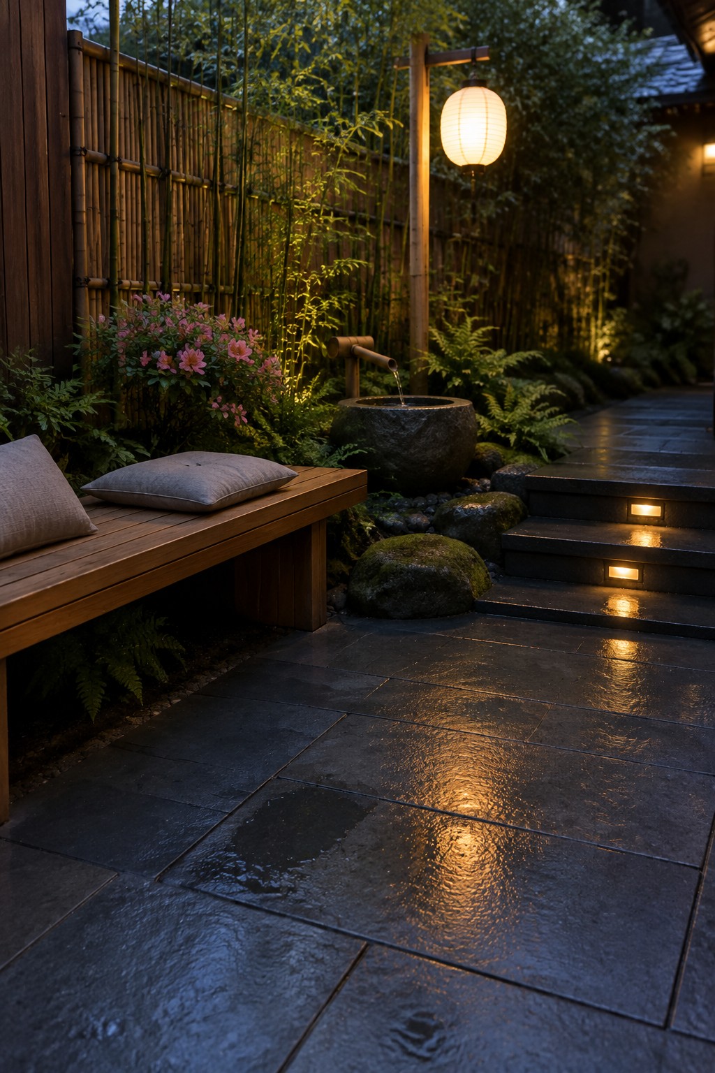 Japanese garden at night with glowing lantern, wooden bench, and wet stone path