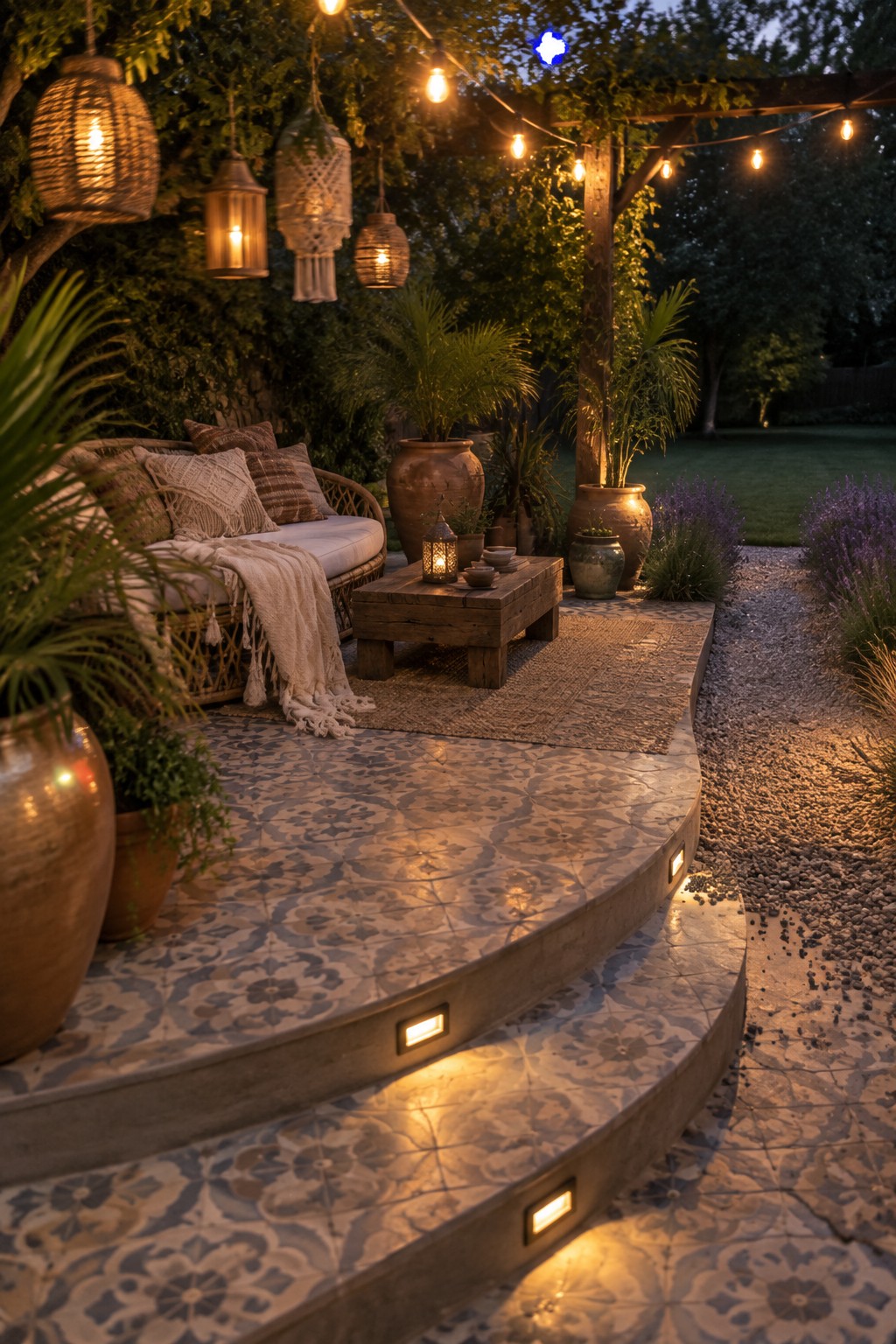 Cozy twilight patio with wicker sofa, hanging lanterns, string lights, and glowing tiled steps