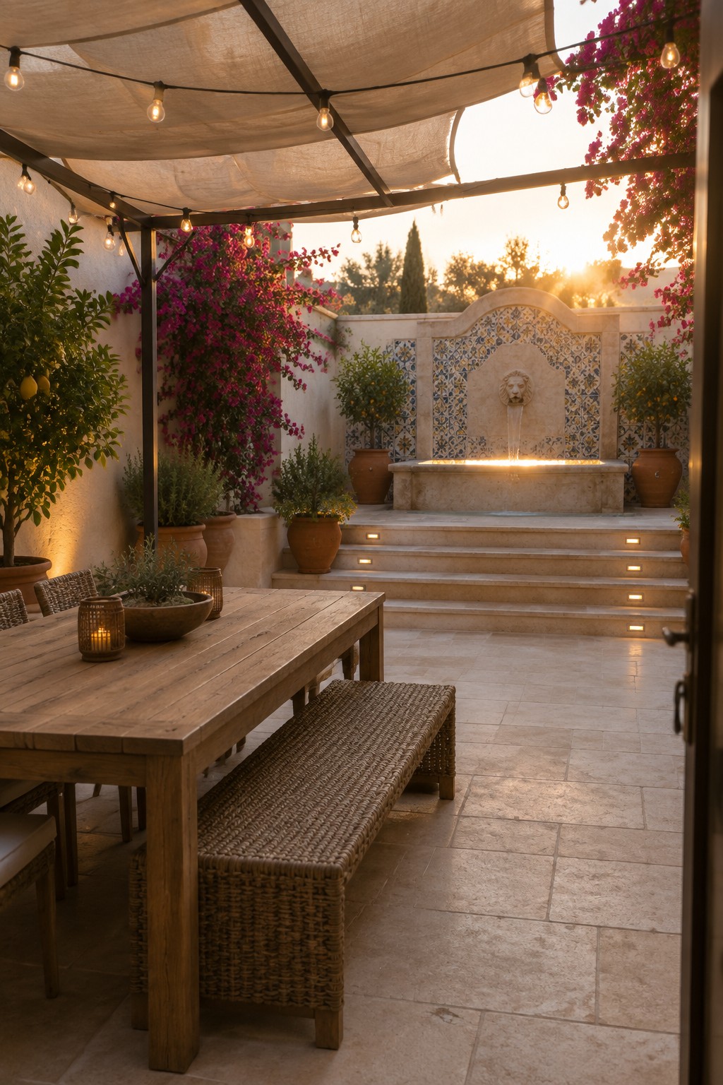 Rustic wooden table and bench beside a lion fountain in a bougainvillea courtyard at sunset