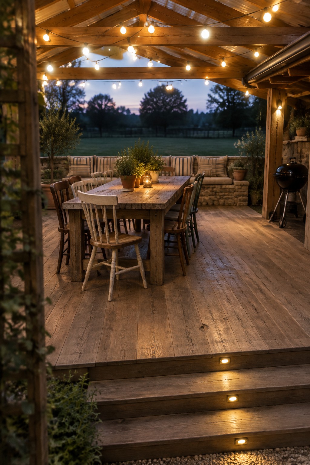 A wooden patio deck with a long dining table under string lights, a built-in bench with striped cushions, potted plants, and three illuminated steps leading down to gravel.
