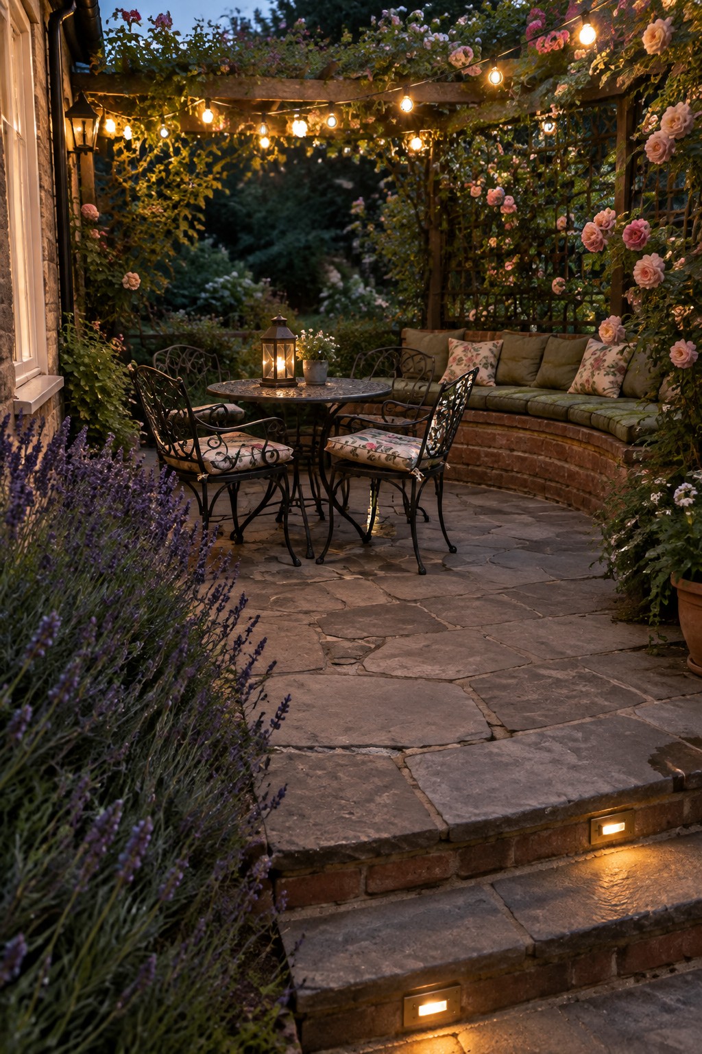 A stone patio at dusk with overhead string lights, a round metal table and chairs, curved built-in seating, and illuminated steps next to lavender plants.