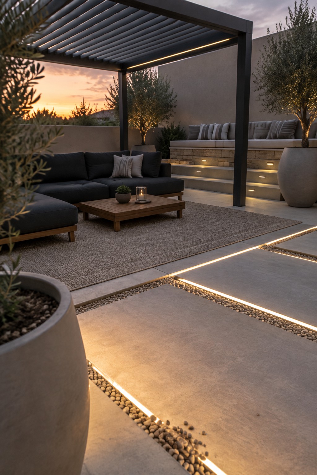 Modern outdoor patio at dusk with dark sectional sofa under pergola, wooden coffee table, built-in bench seating, stone steps with recessed lights, and linear pathway lighting set in gravel.
