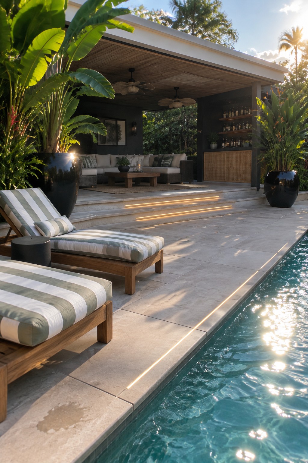An outdoor patio with striped lounge chairs next to a pool, steps with linear LED lights, and a covered seating area with sofas and a bar in the background.