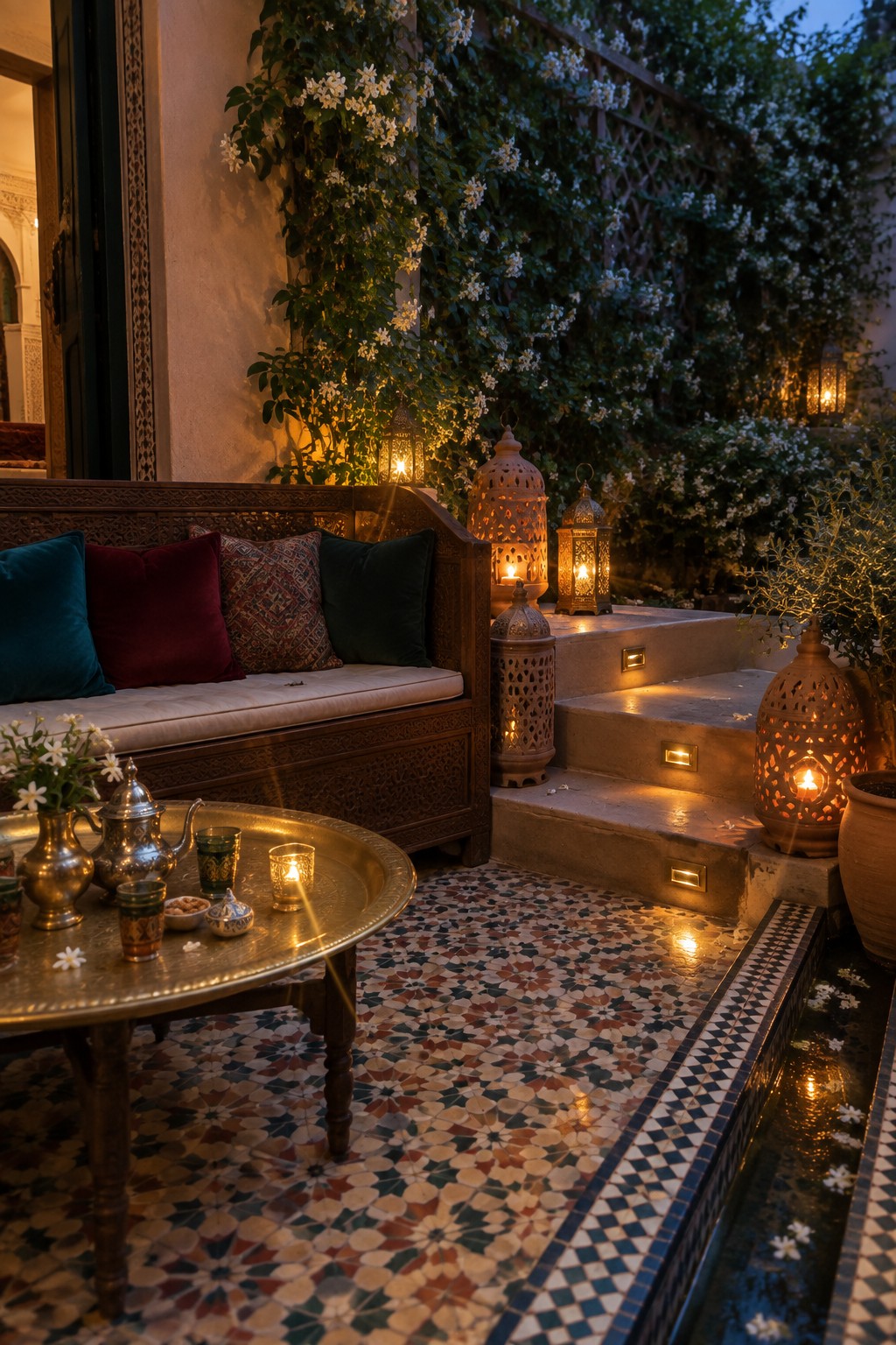 Moroccan patio with carved bench, velvet cushions, brass table, glowing lanterns and mosaic tiles