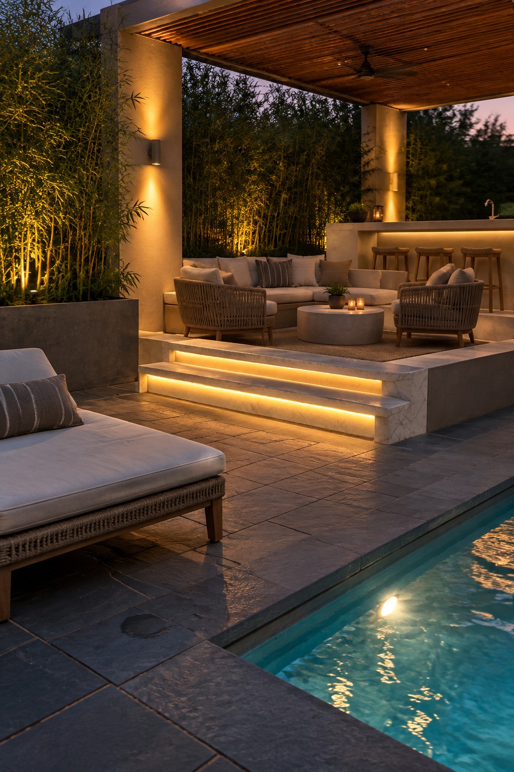 An outdoor patio at dusk showing marble steps with integrated glowing lights, a raised seating area with woven chairs and sofa, a lounge chair in the foreground, and a pool to the right.