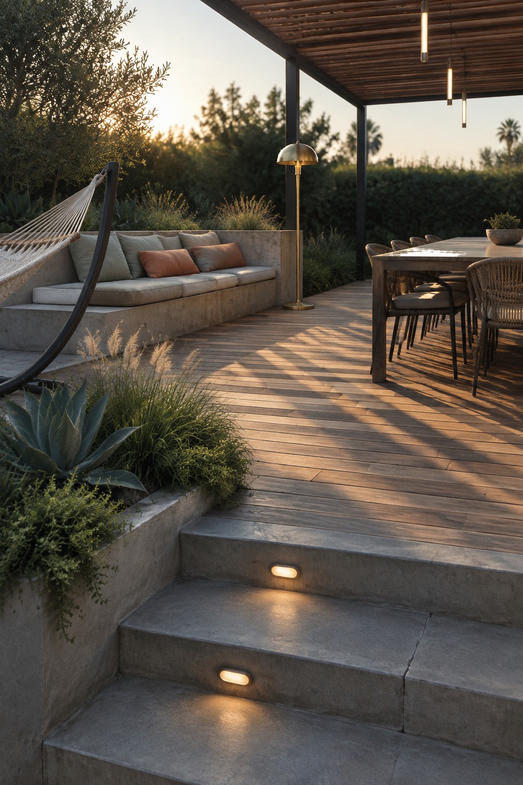 Modern patio deck with dining table, built-in bench, hammock, and illuminated concrete steps