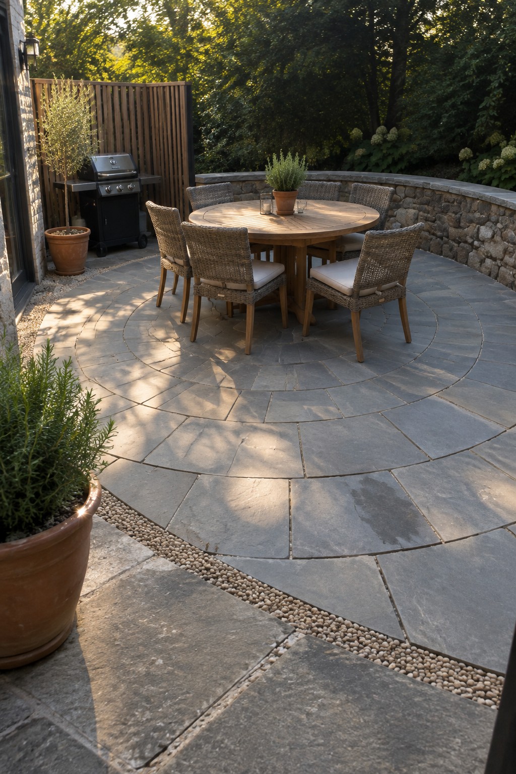 A circular patio made of gray stone pavers with a round wooden dining table and four woven chairs, bordered by gravel and a low stone wall.