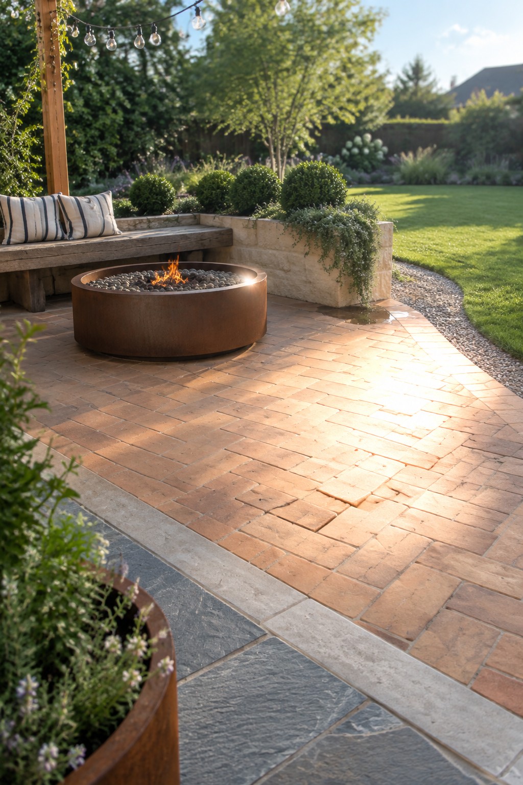 A backyard patio of reddish brick pavers curves around a round metal fire pit, with a wooden bench, stone retaining wall, and lawn visible nearby.