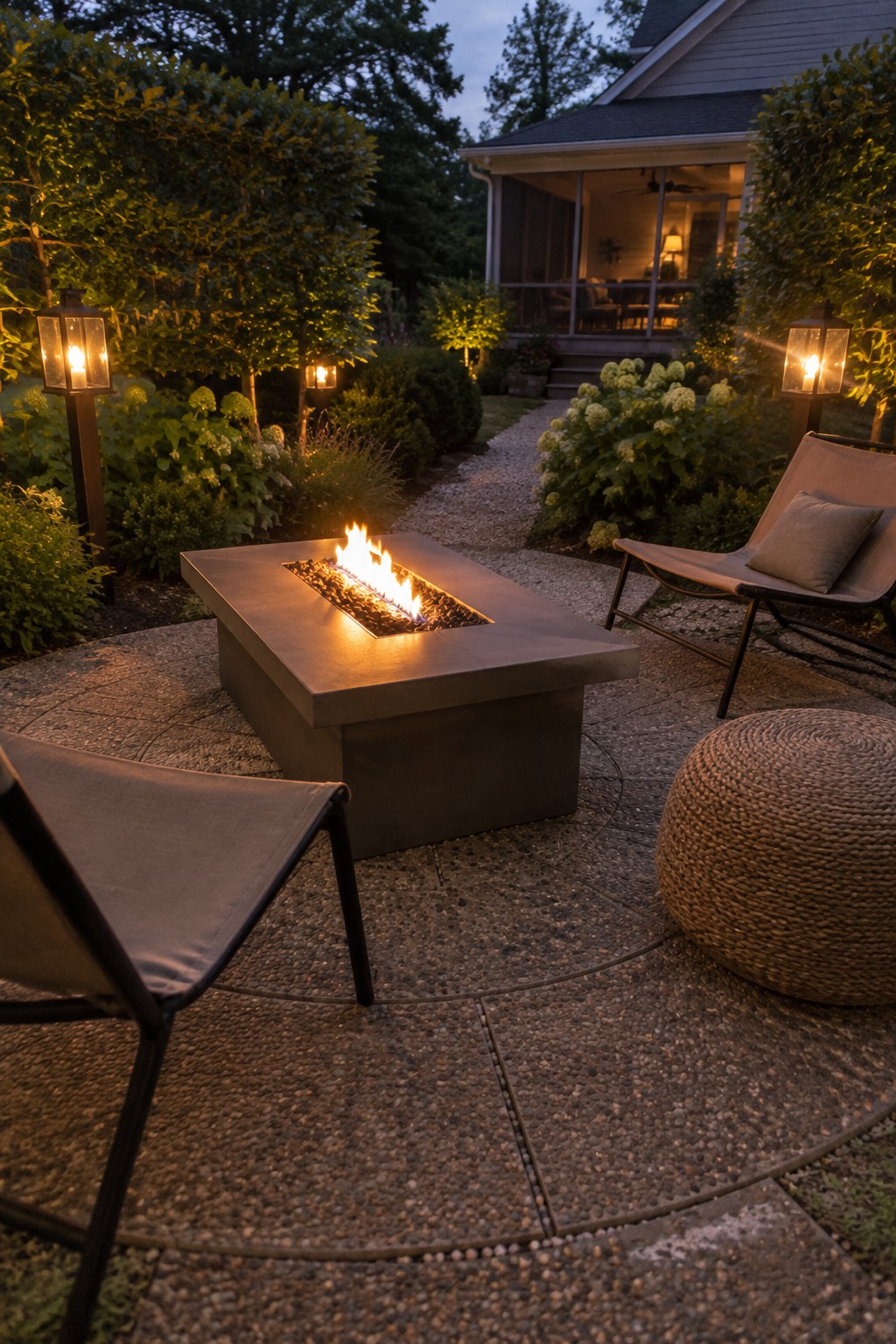 A rectangular fire pit on a circular paver patio with two sling chairs, a woven ottoman, and path lights in a backyard at dusk.